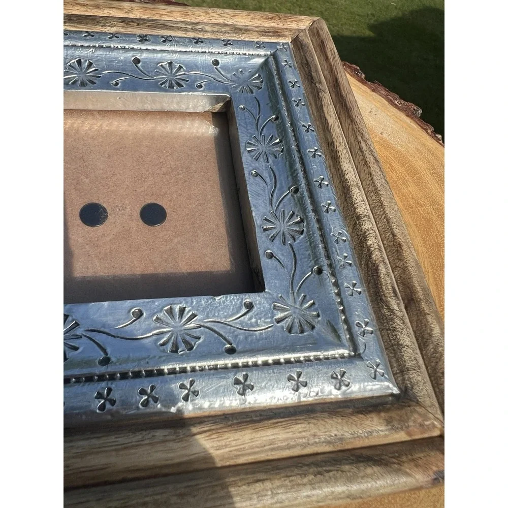 Leo Arts India 8x8 Mango Wood 4x4 Picture Frame Silver Embossed Rustic Boho